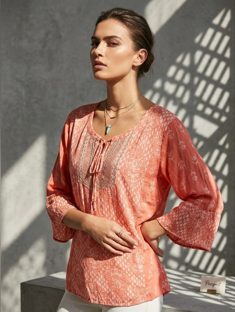 Passport Boho Coral Printed Peasant Tunic Top Size Medium
